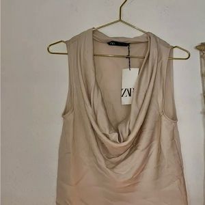 Zara Beige Satin Cowl Neck Sleeveless Blouse Sz.S NWT!
